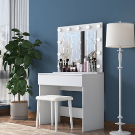 Hanah Home Mesa de Maquillaje con Espejo de 11 Focos y Puff Blanco